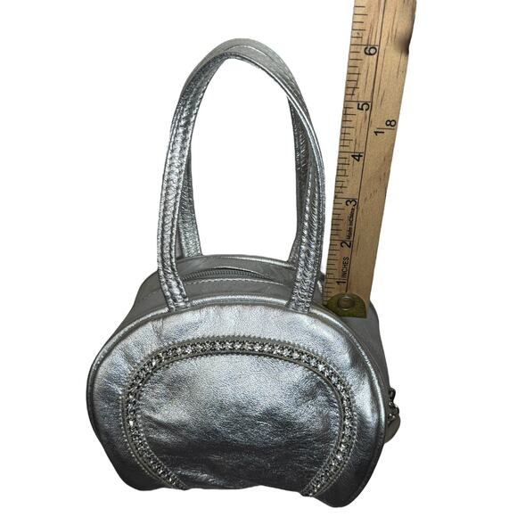 Dawli Circle Handbag Purse Metallic‎ Silver Rhinestone Leather Chic Event Clutch - Picture 8 of 11